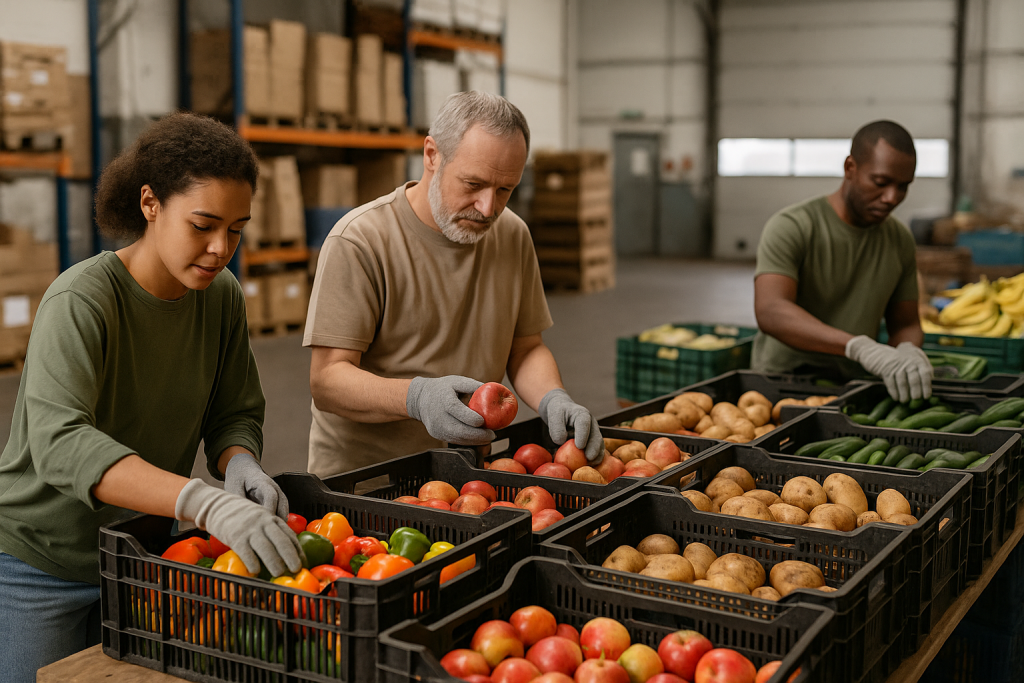 Des personnes qui trient les légumes. Image créée par l'Intelligence Artificielle.